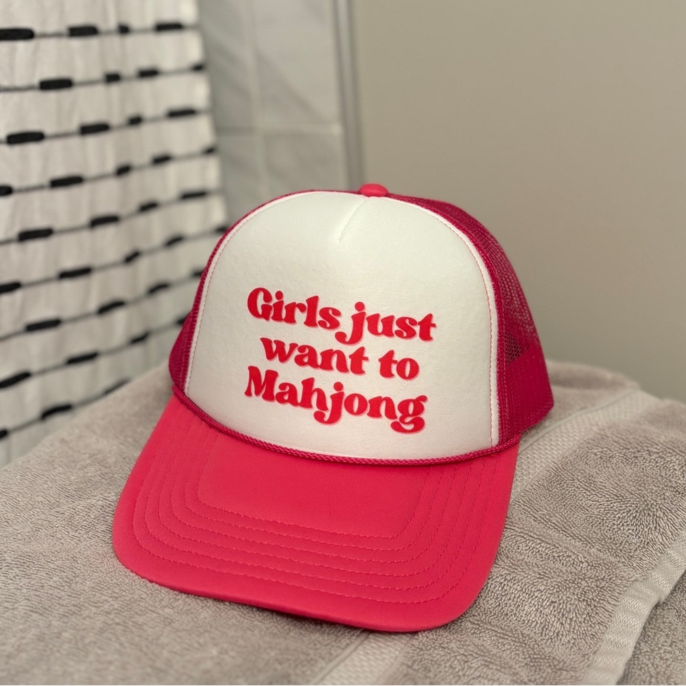Girls Just Want to Mahjong Pink+White Trucker Hat - OS